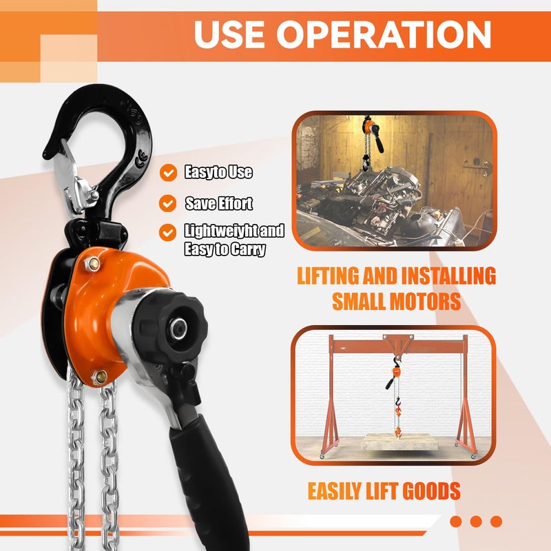 TKK Mini Lever Chain Hoist 1/4 Ton - 550lbs Capacity, 10ft Lift, Safety Hooks - Portable Manual Hoist for Garages, Warehouse, Automotive - Come Along Winch, Ratchet G80 Chain Fall Hoist - Image 4